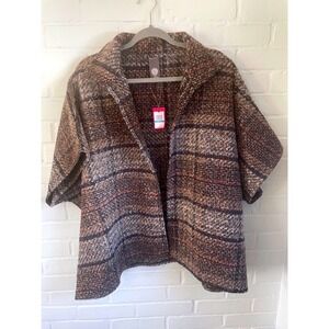 Vince Camuto Plaid Tweed Open Front Cape Womens One Size Beige Brown